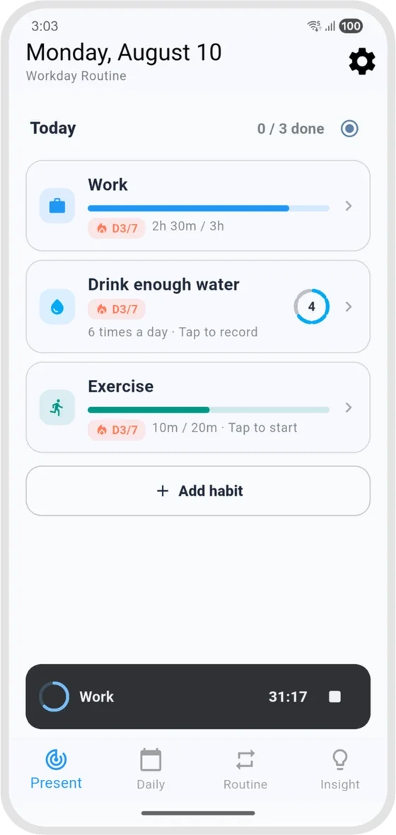 Timebook's habit screen: Work at 2h 30m of 3h, water at 4 of 6, exercise at 10m of 20m, each filled in from the day's log.