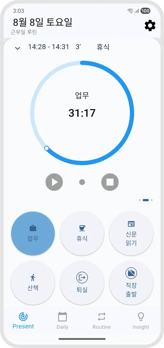 타임북 Present 화면. 진행 중인 업무 기록이 31분 17초를 세고 있고, 그 아래에 업무·휴식·신문 읽기·산책·퇴실·직장 출발 활동 버튼이 놓여 있다.