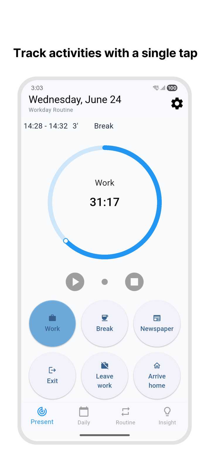 Timebook tracking screen