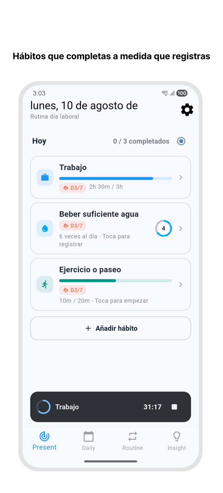 Pantalla de hábitos de Timebook