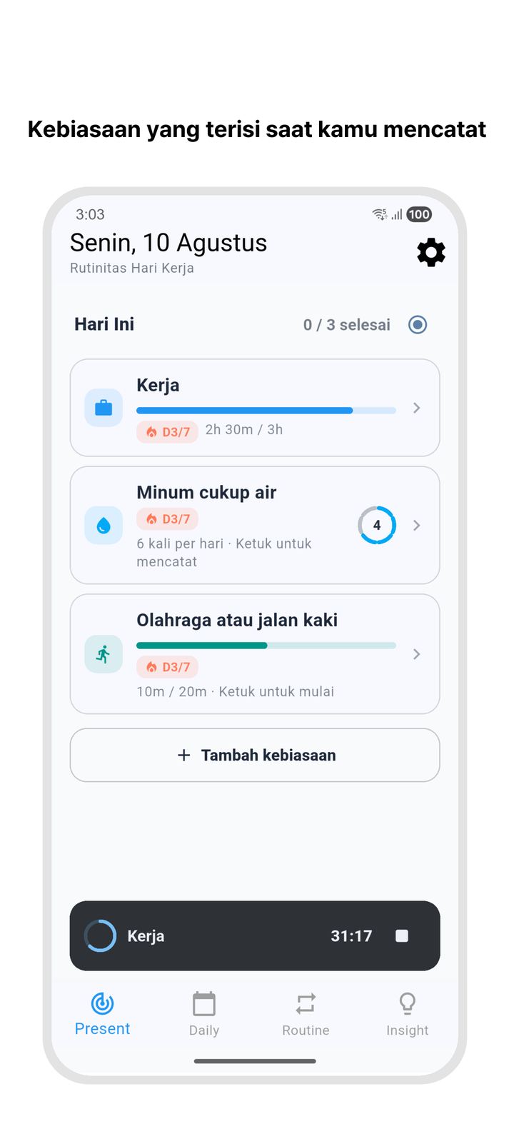 Layar kebiasaan Timebook