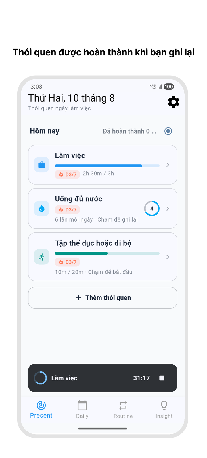 Màn hình thói quen của Timebook